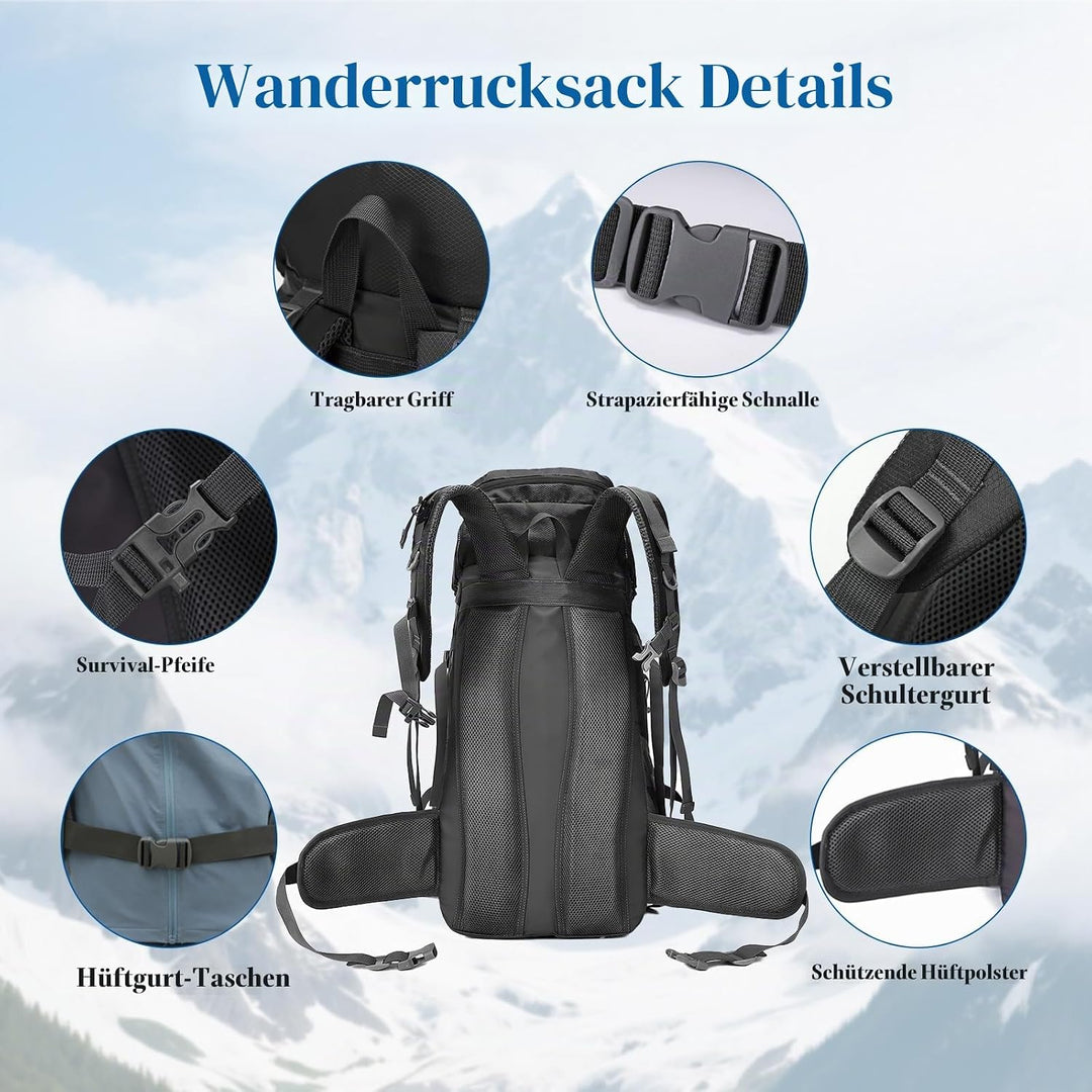 Wanderrucksack Wasserdicht 60L, Leichter Campingrucksack Sportlicher Reiserucksack Trekkingrucksack