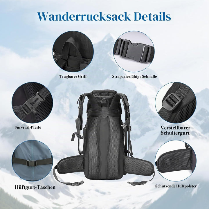 Wanderrucksack Wasserdicht 60L, Leichter Campingrucksack Sportlicher Reiserucksack Trekkingrucksack