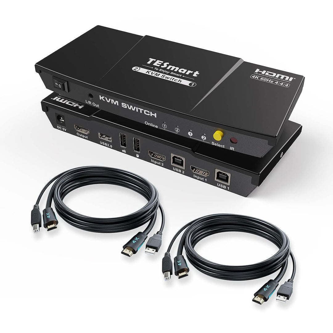 TESmart HDMI KVM Switch, 2 PC 1 Monitore Switch 4K 60Hz mit Kabel×2, EDID Emulator, Audio Extractor,