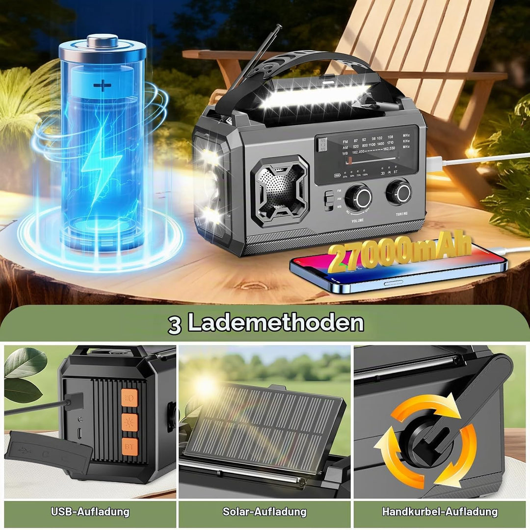 LIFOCI Kurbelradio - 27000mAh Notfallradio mit Kurbel und Solar, Tragbar Solar Notfall Radio mit AM/