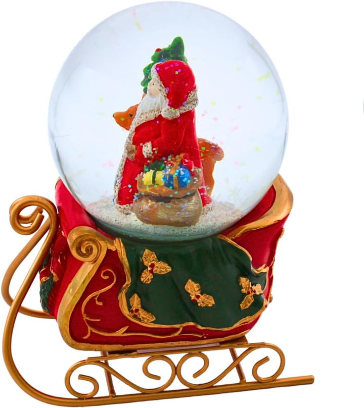 Dekohelden24 Hochwertige Schneekugel Weihnachtsmann auf Schlitten, aufwendig dekorierter Sockel als