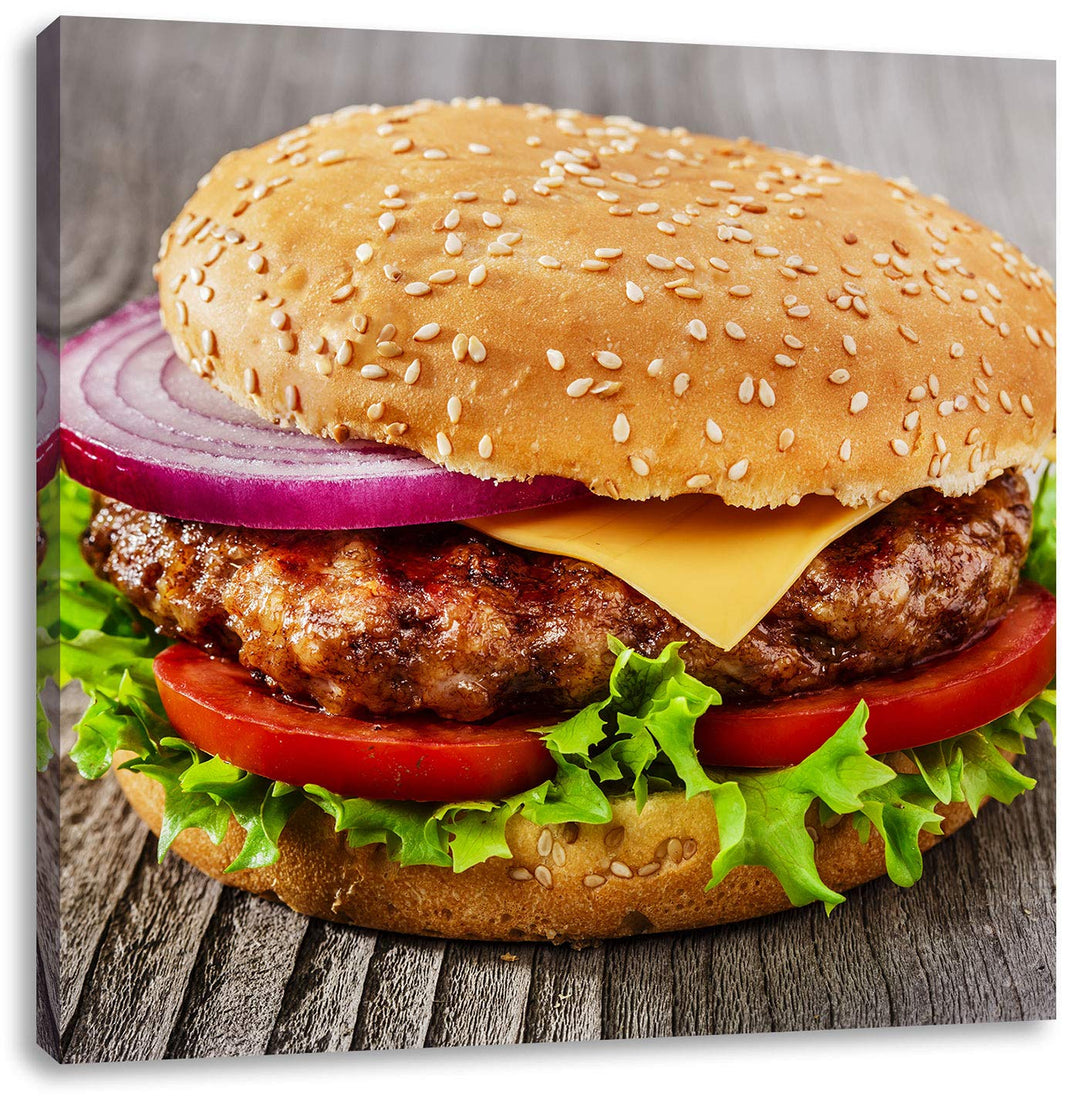 Leckerer Cheeseburger, Format: 70x70 auf Leinwand, XXL riesige Bilder fertig gerahmt mit Keilrahmen,