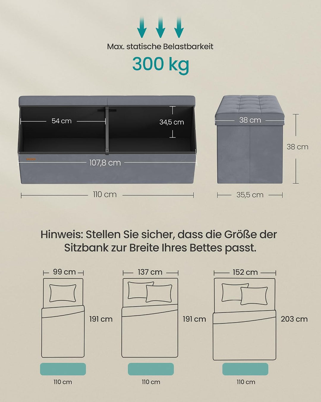 SONGMICS Sitzbank mit Stauraum, klappbare Sitztruhe, 38 x 110 x 38 cm | Aufbewahrungsbox, Deckel kla