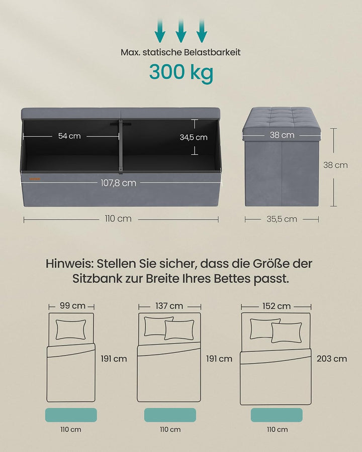 SONGMICS Sitzbank mit Stauraum, klappbare Sitztruhe, 38 x 110 x 38 cm | Aufbewahrungsbox, Deckel kla
