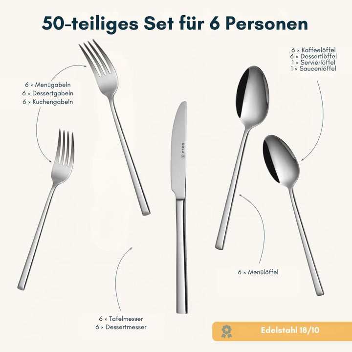 Sola Luxor Besteck Set - 6 Personen Essbesteck - 50 Teilig, 18/10 Rostfreiem Stahl - Robustes & Eleg