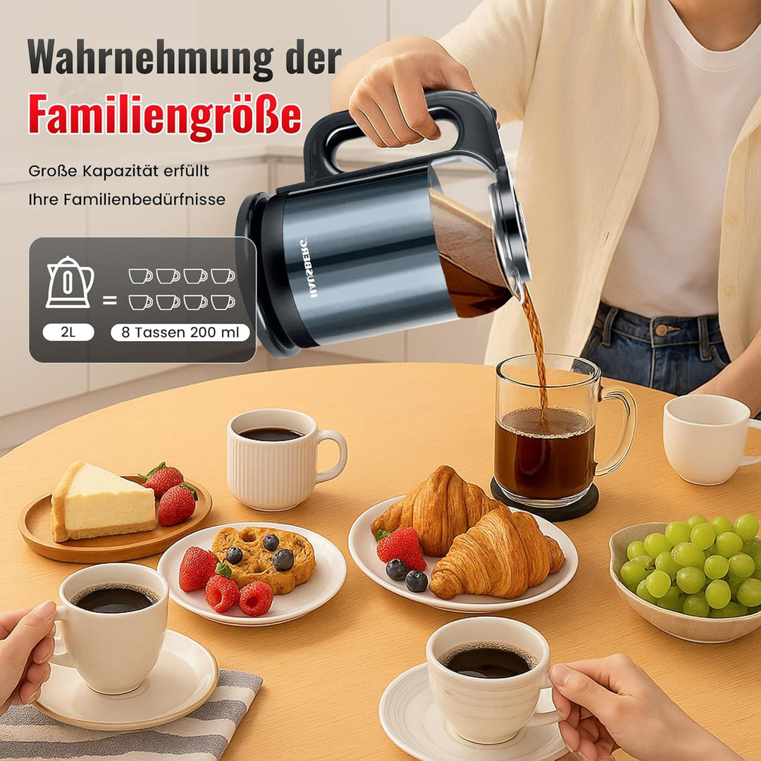 Wasserkocher 2L – Edelstahl & Glas – 1800W, Kabellos, mit LED-Beleuchtung – Automatische Abschaltung
