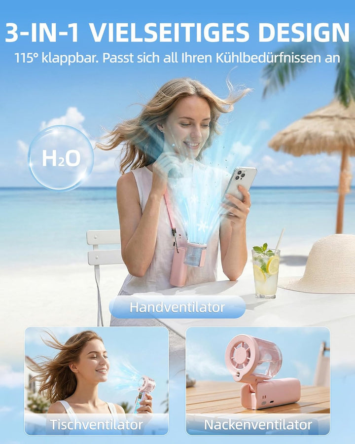 Carehabi Handventilator mit Wasserkühlung, 30000 U/min Mini Ventilator Akku 3000mAh, 1-100 Stufen Tr