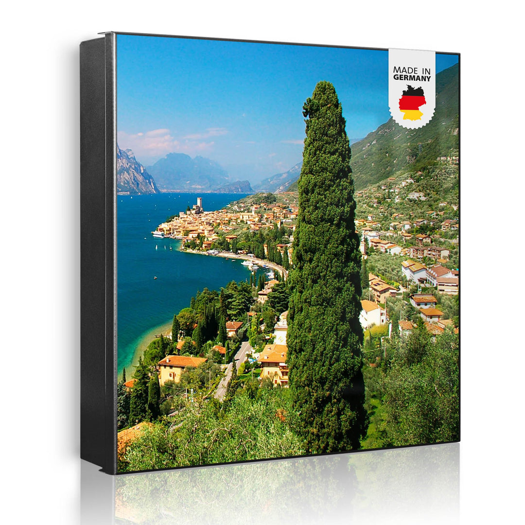 banjado® Grosser Schlüsselkasten Glas/Schlüsselbox 30cm x 30cm mit 50 Haken - Motiv Gardasee/Schlüss