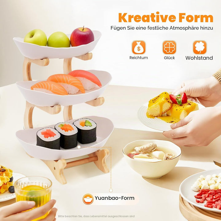 Keramik Obst Etagere mit 3 Etagen,Obstkorb Etagere für die Familie,Obstschale Modern mit Natürlichem