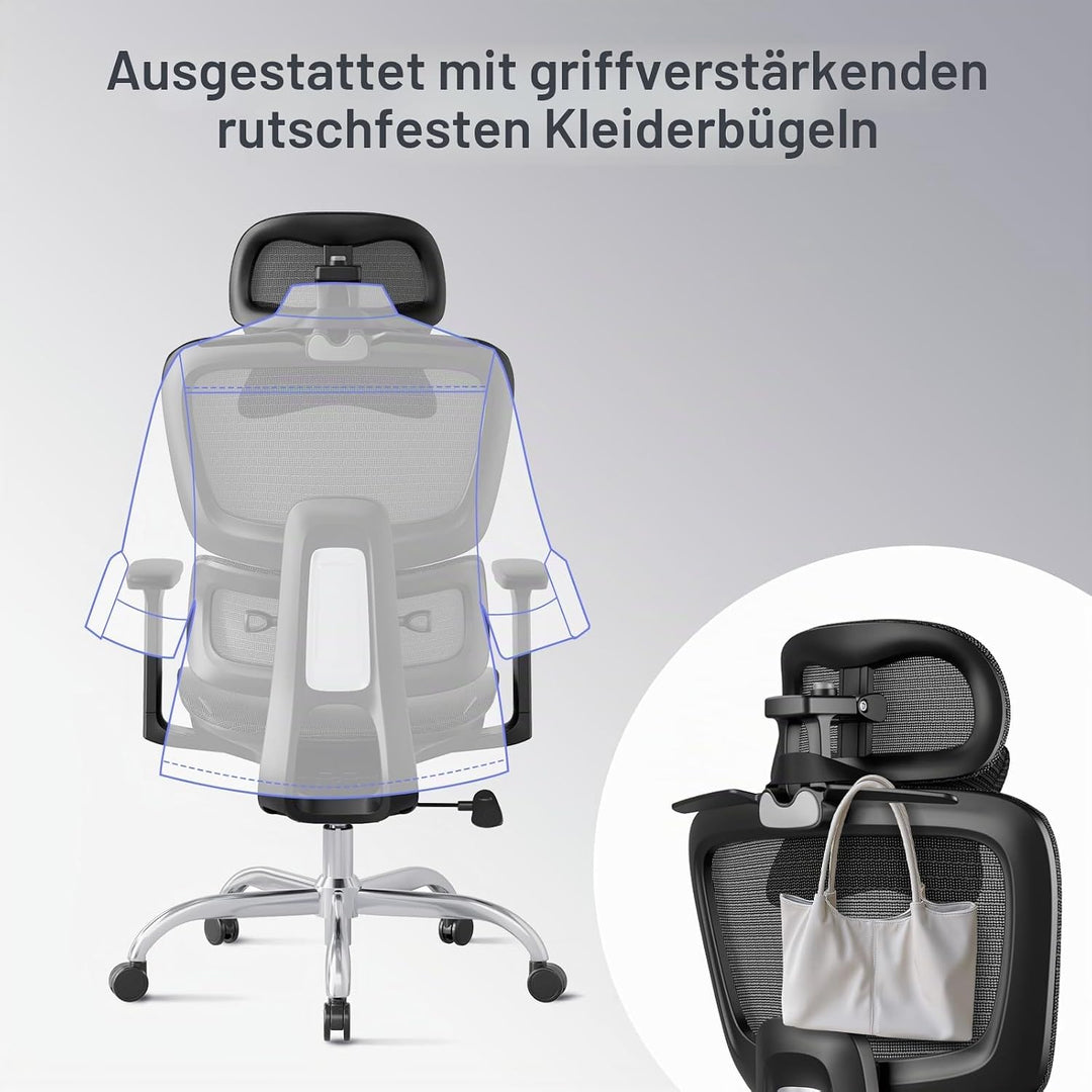 Ergonomischer Bürostuhl Schreibtischstuhl, Netzstoff Drehstuhl mit 2D-Lendenwirbelstütze &amp; 3D-Kopfst