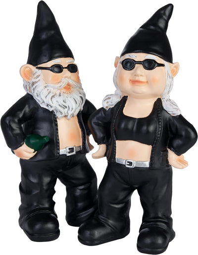 BRUBAKER Gartenzwerge Set Biker Mann und Frau Schwarz - Rocker Zwerge mit Sonnenbrille - Gartenfigur