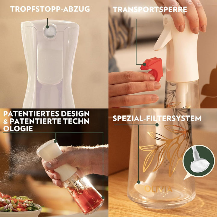 FLAIROSOL OLIVIA 200ml Glas-Ölsprüher - Kontinuierliche Ölsprühtechnik mit Portionskontrolle - Viels