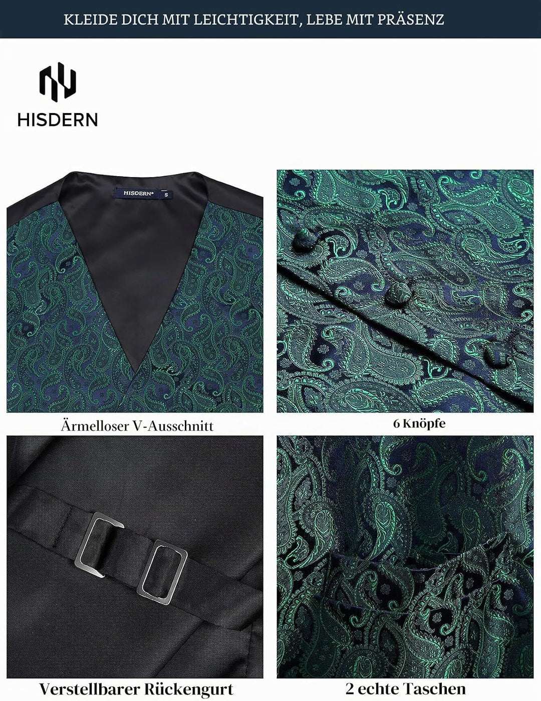 HISDERN Herren FLoral Hochzeit Weste Krawatte Einstecktuch Taschentuch Jacquard Weste Anzug Set S Gr