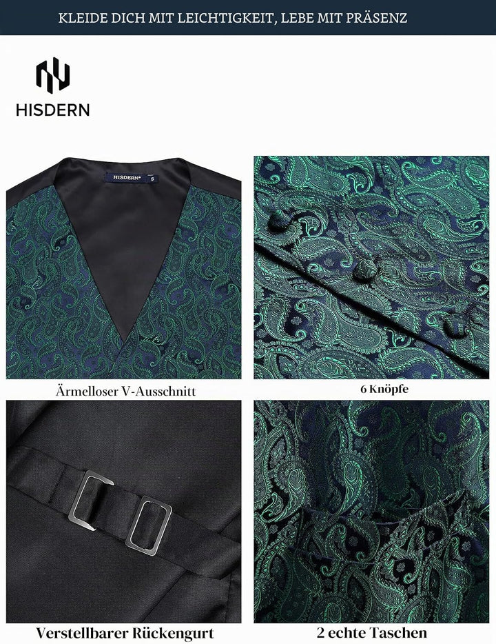 HISDERN Herren FLoral Hochzeit Weste Krawatte Einstecktuch Taschentuch Jacquard Weste Anzug Set S Gr