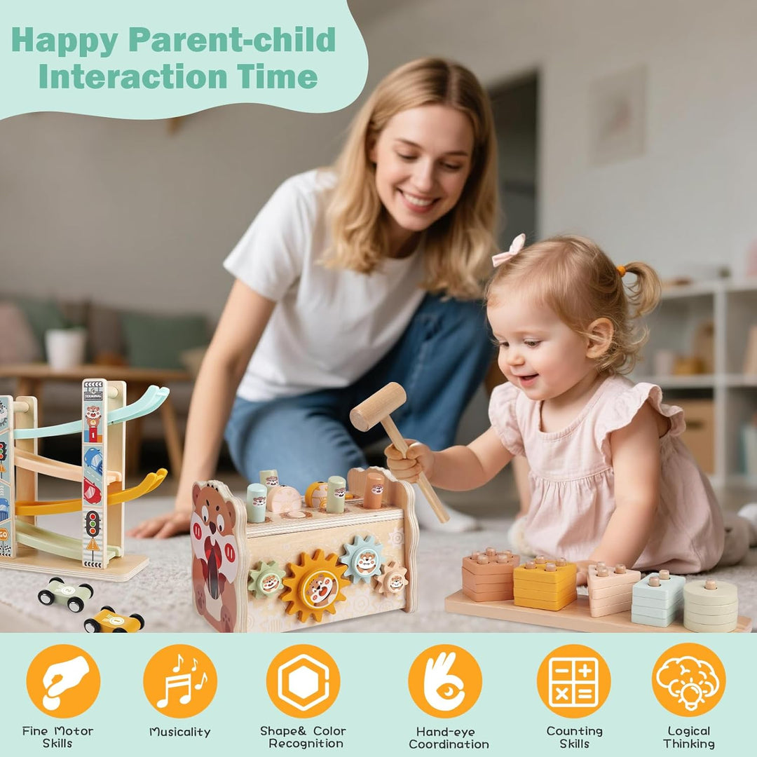 Holz Montessori Spielzeug für Kleinkinder 1-3 Jahre, Baby Hammerbank mit Xylophon &amp; Angelspiel, Auto