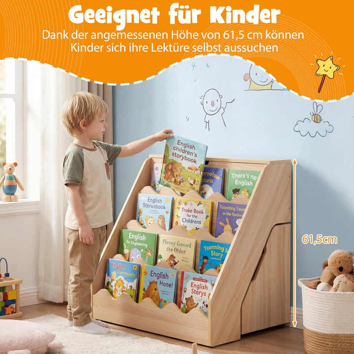 COSTWAY 4 stufiges Kinder Bücherregal, Kinderregal mit aufklappbaren Fach & Schublade auf Rollen, Sp