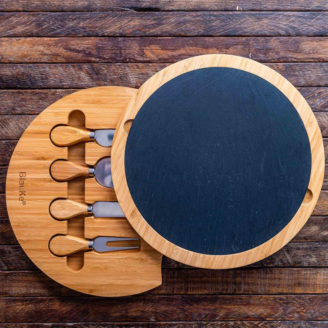 BlauKe Bambus Käsebrett mit Käsemesser Set und Schieferplatte - Servierplatte aus Holz für Käse und