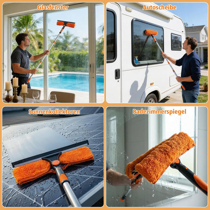 Fensterabzieher Profi Set,2-in-1 Fensterreiniger & Glasabzieher mit 4.5m Teleskopstange + 400ml Glas