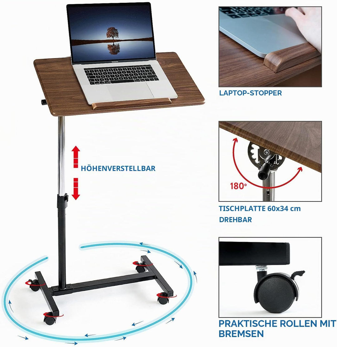 Tatkraft Gain - Laptoptisch Höhenverstellbar, mit Rollen, Laptoptisch Sofa & Bett, Tischplatte Einst