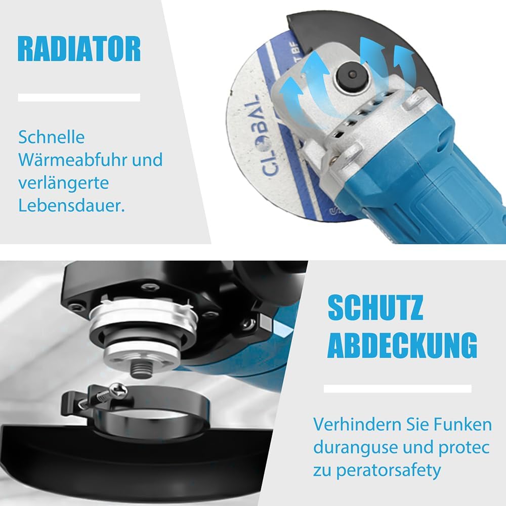 Akku-Winkelschleifer mit 2 Akkus,12 Zubehörteilen,125mm Bürstenloser Winkelschleifer,11000U/min, zum