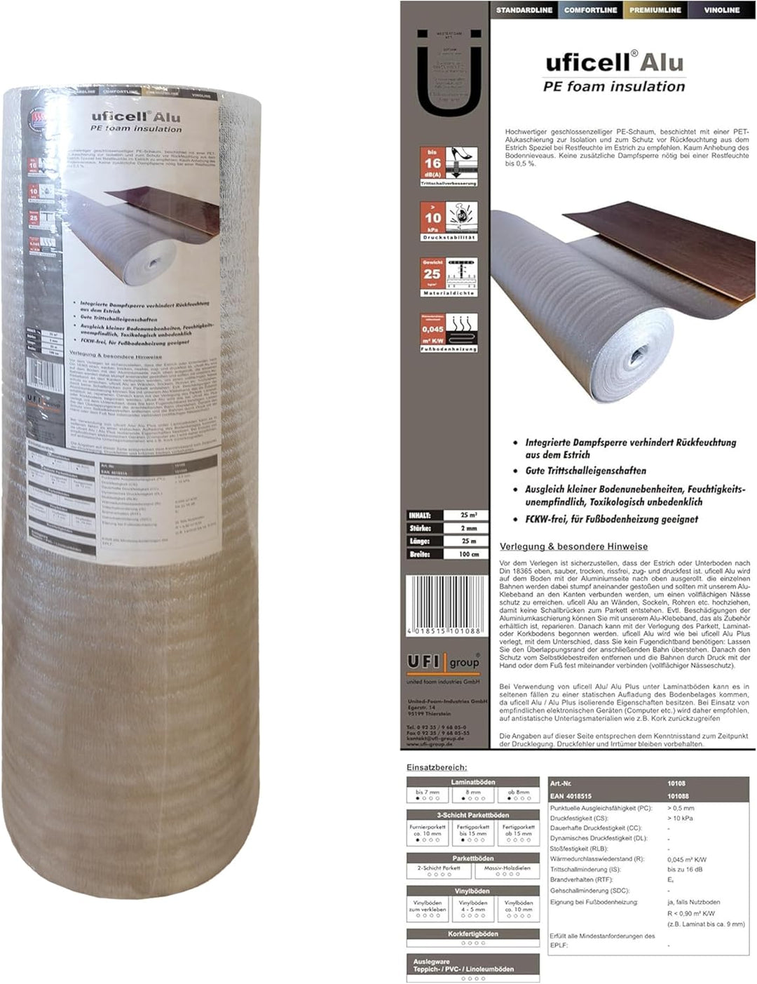 United Foam Industries GmbH Laminat und Parkett Trittschalldämmung uficell ALU PE-Schaum für Laminat