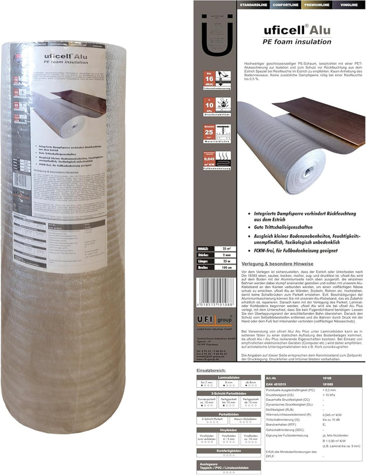 United Foam Industries GmbH Laminat und Parkett Trittschalldämmung uficell ALU PE-Schaum für Laminat