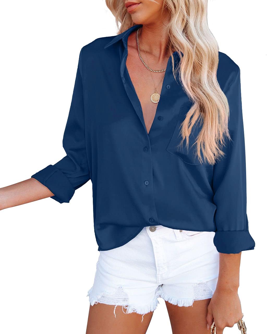 Homlan Damen Bluse Elegant V-Ausschnitt Satin Langarm Casual Oberteile Locker Hemd Einfarbig Lose La