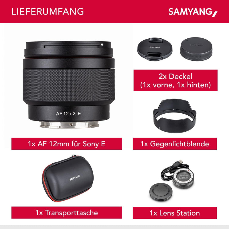 Samyang AF 12mm F2.0 E Objektiv + Lens-Station für Sony E - Autofokus APS-C Weitwinkel Festbrennweit