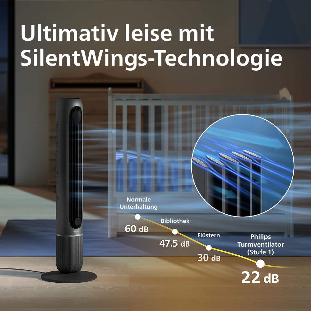 Philips Smarter Turmventilator 7000 Series – 8,4 m/s stark, ultraleise 22 dB, energieeffizient, App