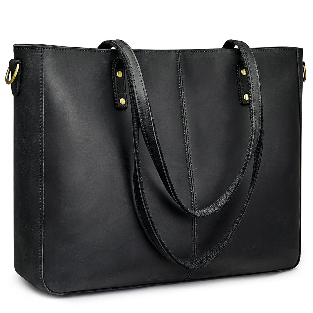 S-ZONE Damen Umhängetasche Echtleder Schultertasche Grosse Handtasche Arbeitstasche Schwarz-l, Schwa