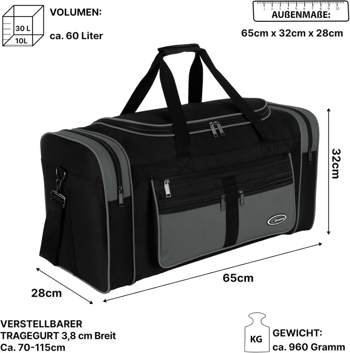 Sporttasche, Reisetasche und Fitnesstasche für Damen und Herren- Tainingstasche, Gym Bag (Grau, L 65