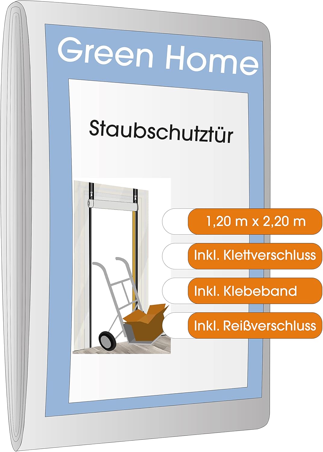 Green Home Staubschutztür Folie mit Reissverschluss Bautür [PE-Folie] 1,20 x 2,20 m inkl. doppelseit