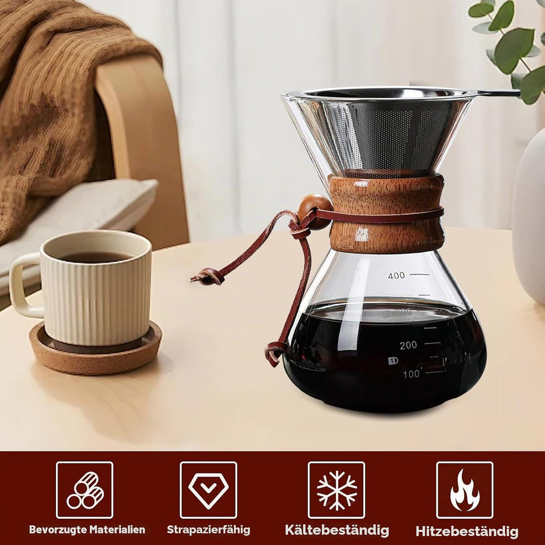 HERCHR Pour Over Kaffeebereiter Hand Kaffee Edelstahl Handfilter Aus Glas Mit Permanentfilter 400ML,