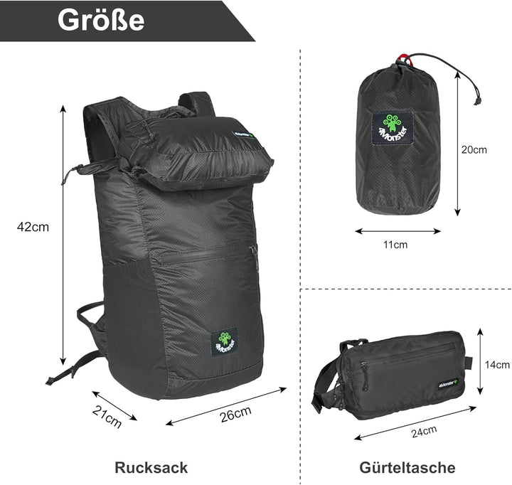 4Monster Faltbarer Rucksack Ultra Leicht, Unisex Tagesrucksack Outdoor, 2in1 Gürteltasche, Wasserdic