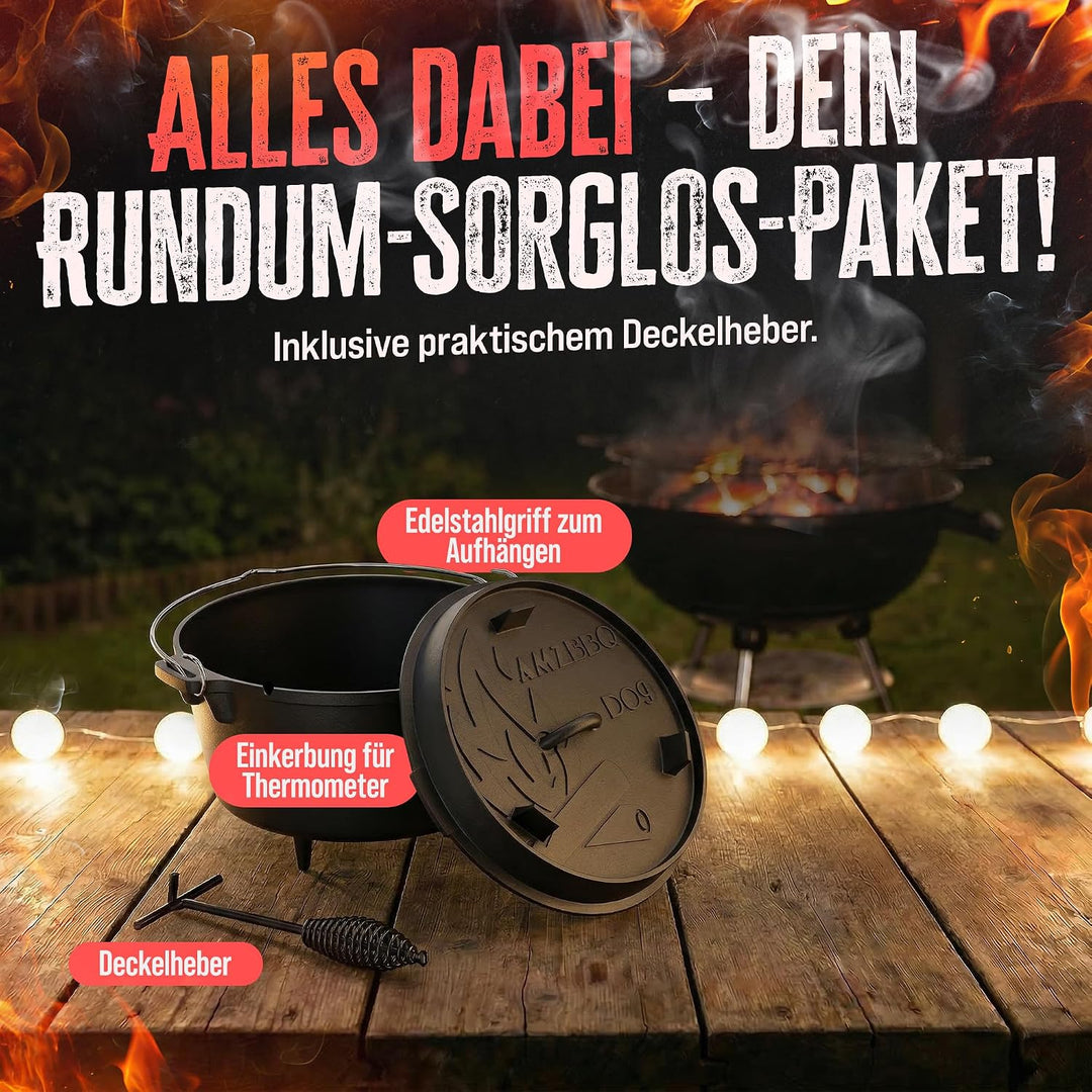 AMZBBQ® Premium Dutch Oven – Doppelt Eingebrannter Gusseisen Feuertopf – Rostbeständiger Schmortopf