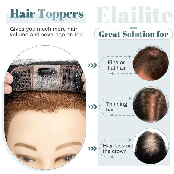 Elailite Clip in Toupet Frauen Topper Haarteil Echthaar Seide Basis 130% Dichte Clip in Extensions H
