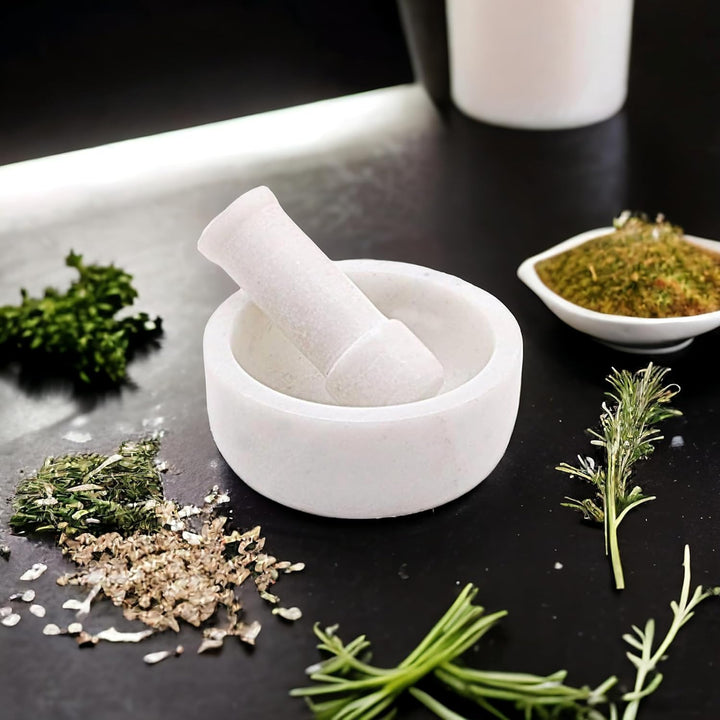 SAUDEEP INDIA Weisser Marmor Granit Imam Dasta, Mörser und Stössel Set, Ohkli Musal, Kharal oder Kha