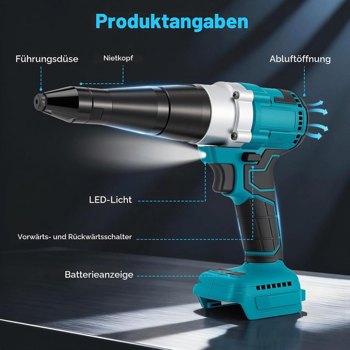 Akku Nietzange Kompatibel mit Makita 18V, Akku-Nietgerät mit Brushless Motor, 3 Düsen für 2,4-5,0 mm