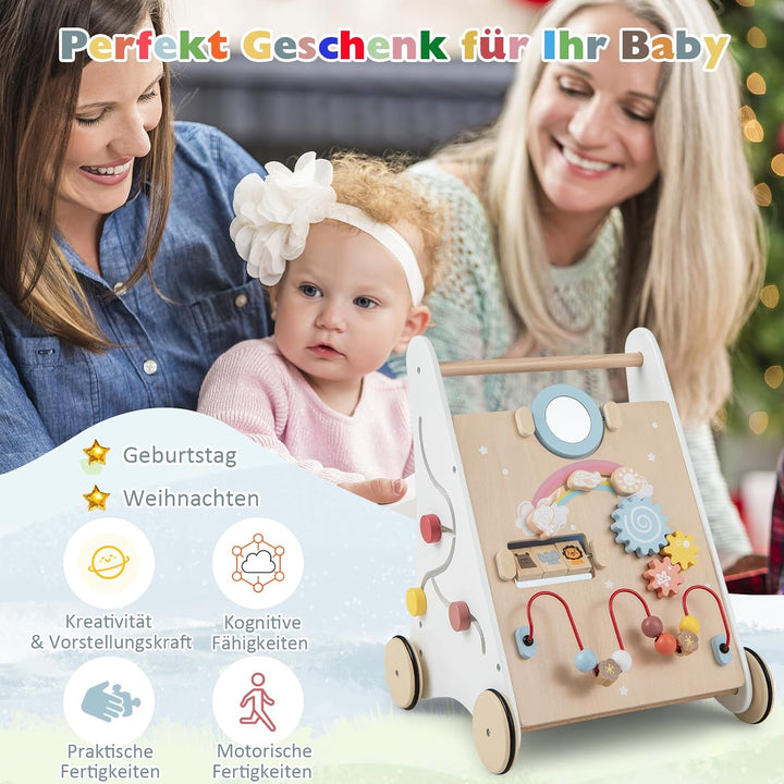 DREAMADE Lauflernwagen Holz, Lauflernhilfe ab 1 Jahr, Baby Gehhilfe mit Spiegel & Spielzeug, Gehfrei