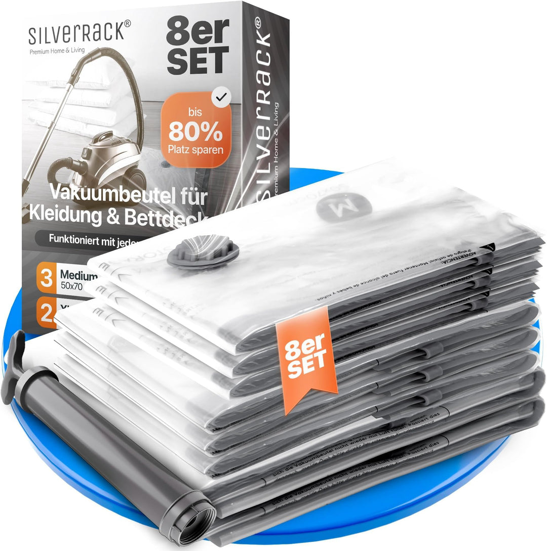 SilverRack XL Jumbo Vakuumbeutel für Kleidung u. Bettdecken [8 Stück] - INKL. HANDPUMPE u. ETIKETTEN