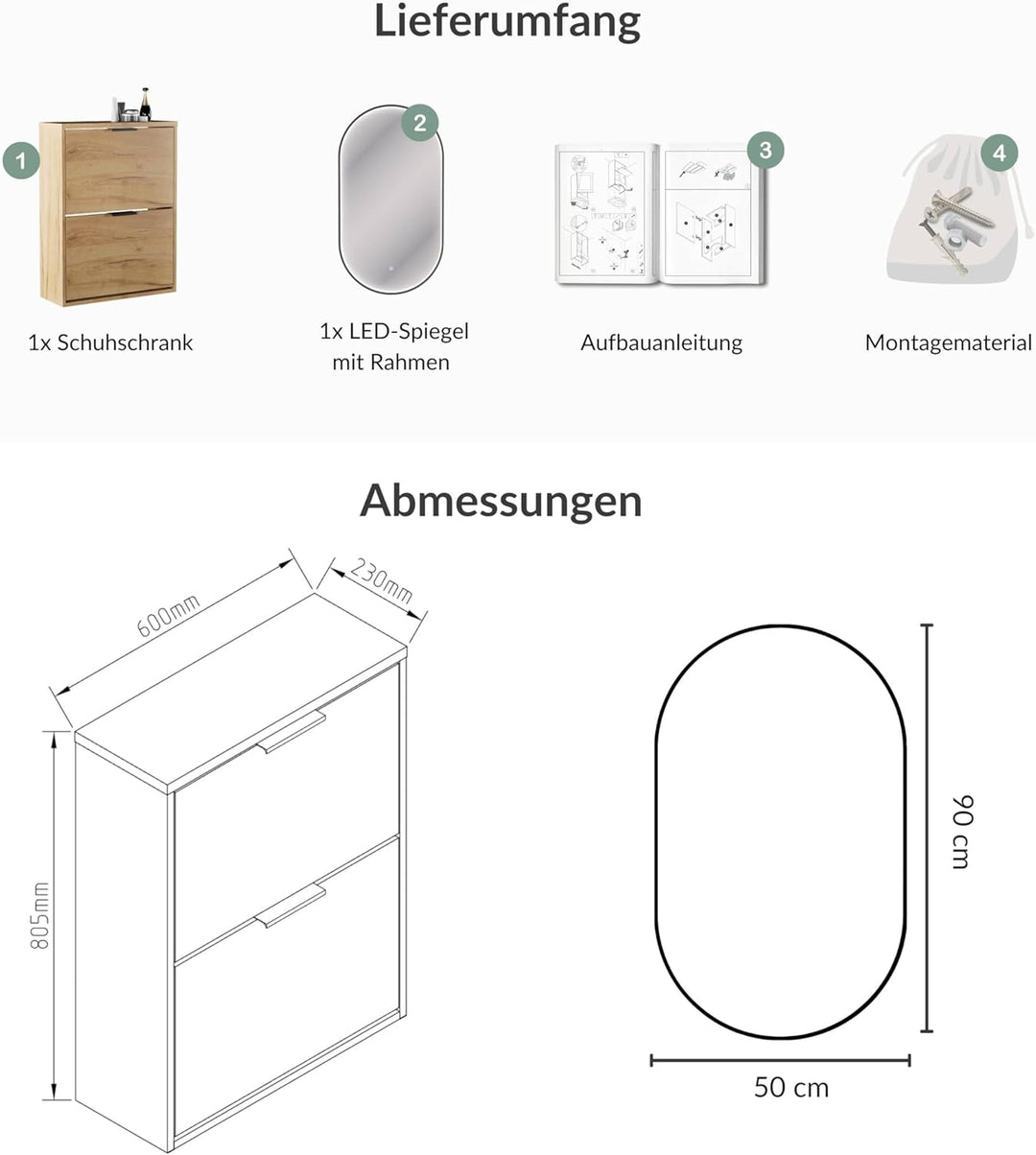 Planetmöbel Schuhschrank schmal inkl. ovaler Spiegel mit Beleuchtung (3 Lichtstufen), Schuhkommode m