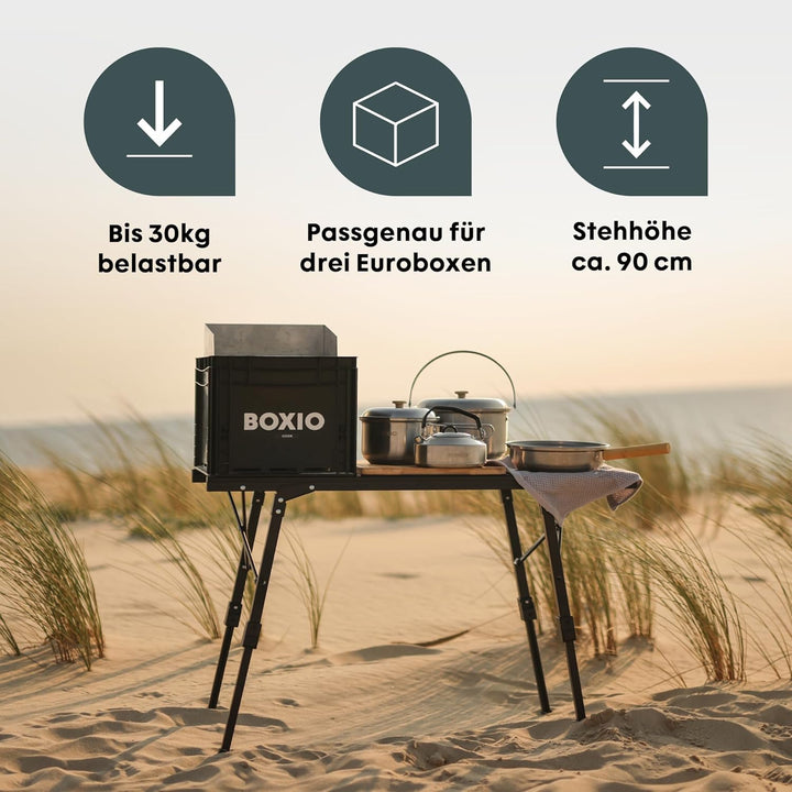 BOXIO - Table: Klappbarer Campingtisch 88x40 wetterfest stabil &amp; faltbar höhenverstellbarer Outdoor