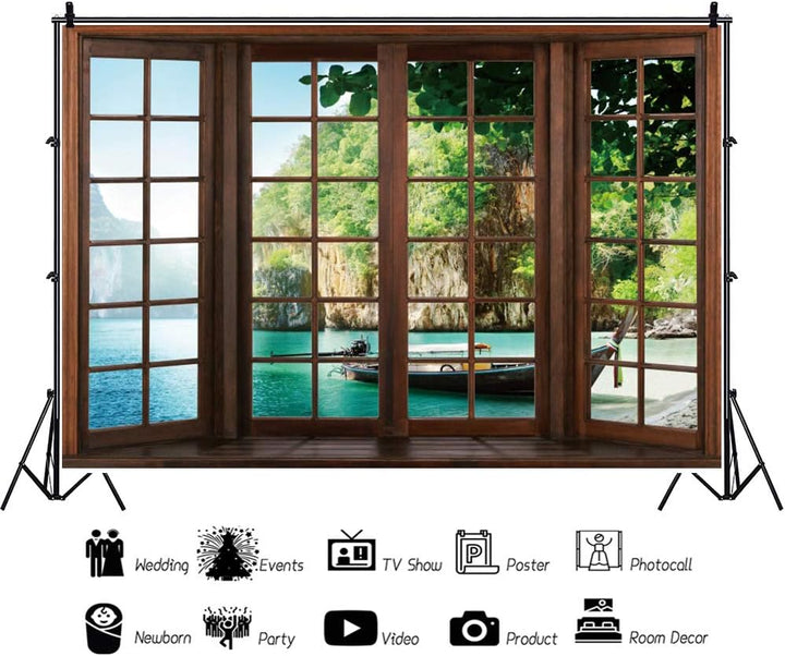 Renaiss 2.2x1.5m Frühling Holzfenster Landschaft Fotografie Kulisse Grün Berg See Blätter Boot Natür