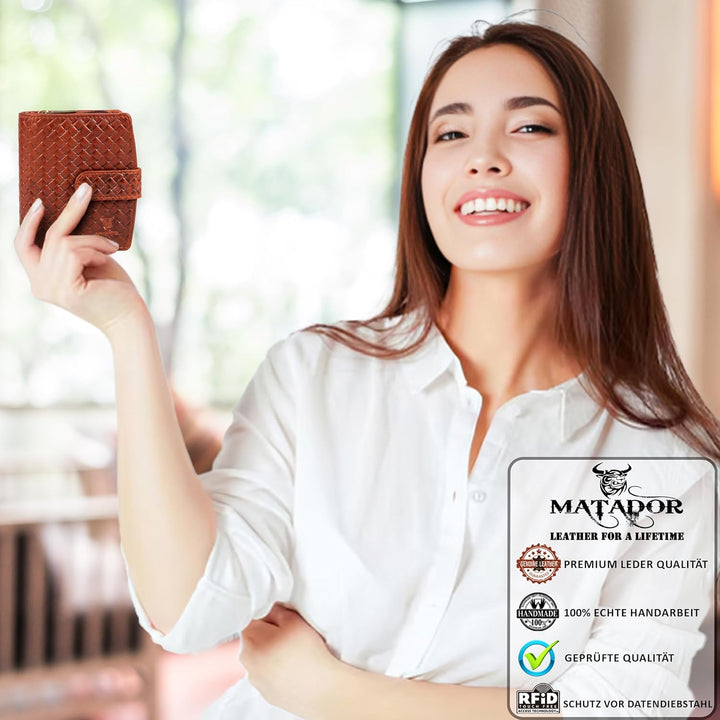 MATADOR Damen Portemonnaie Echt Leder – TÜV Geprüfter RFID & NFC Schutz - Geldbörse KARO Design - Ge