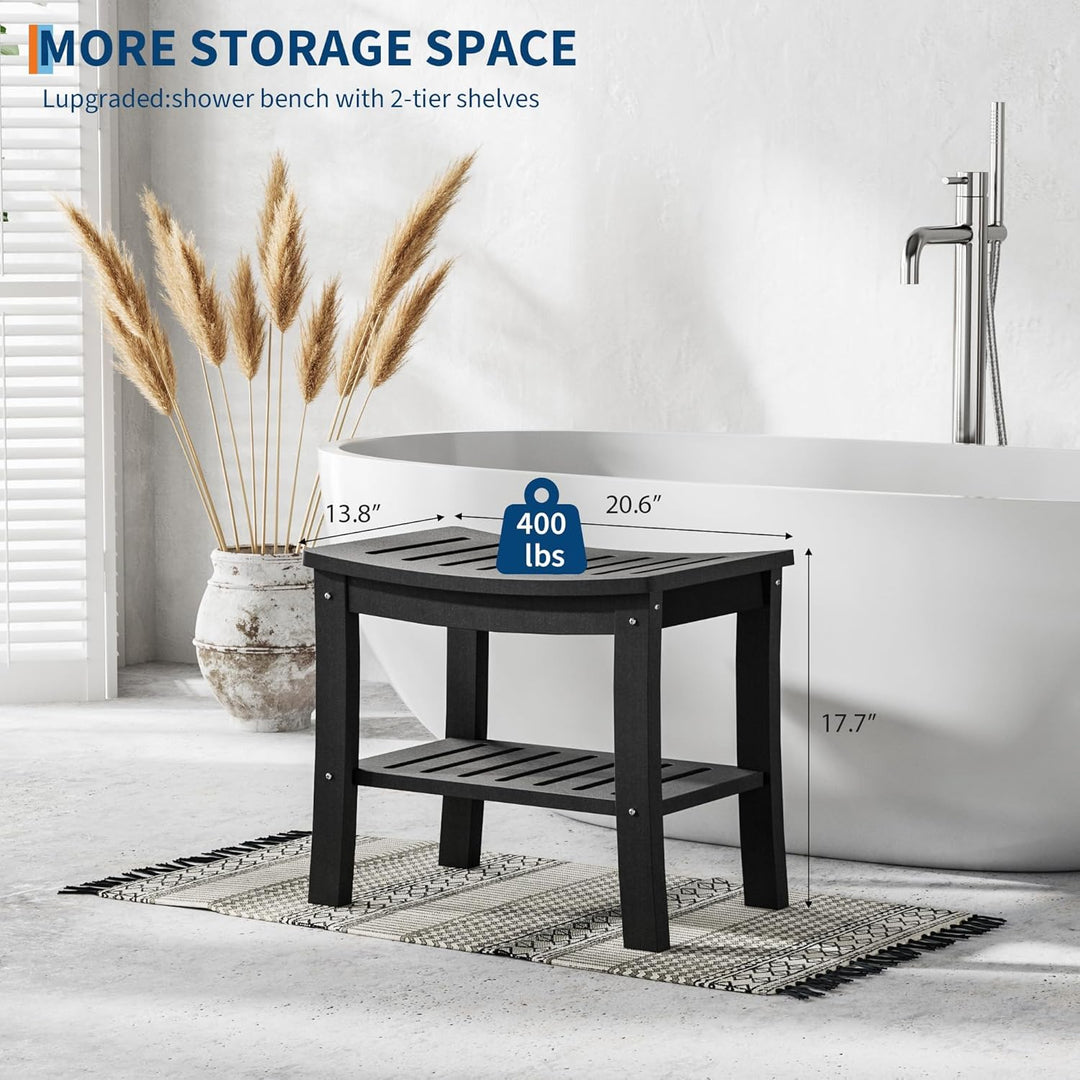 GarveeHome Duschbank, Badebank mit 2-stufiger Ablage, HDPE-Material, wasserfest, bis 181 kg belastba