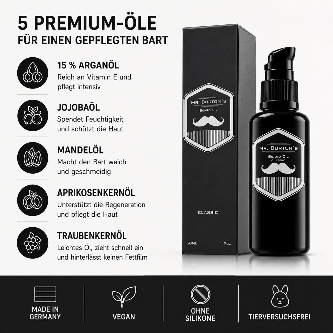 Bartöl Herren - Mr. Burton´s Beard Oil classic mit Arganöl - Made in Germany 50ml fördert gesundes B