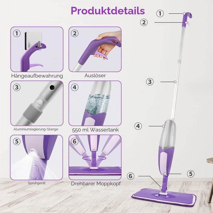 SEVENMAX Bodenwischer mit Sprühfunktion - Spray Floor Mop Sprühwischer für die Bodenreinigung mit 55