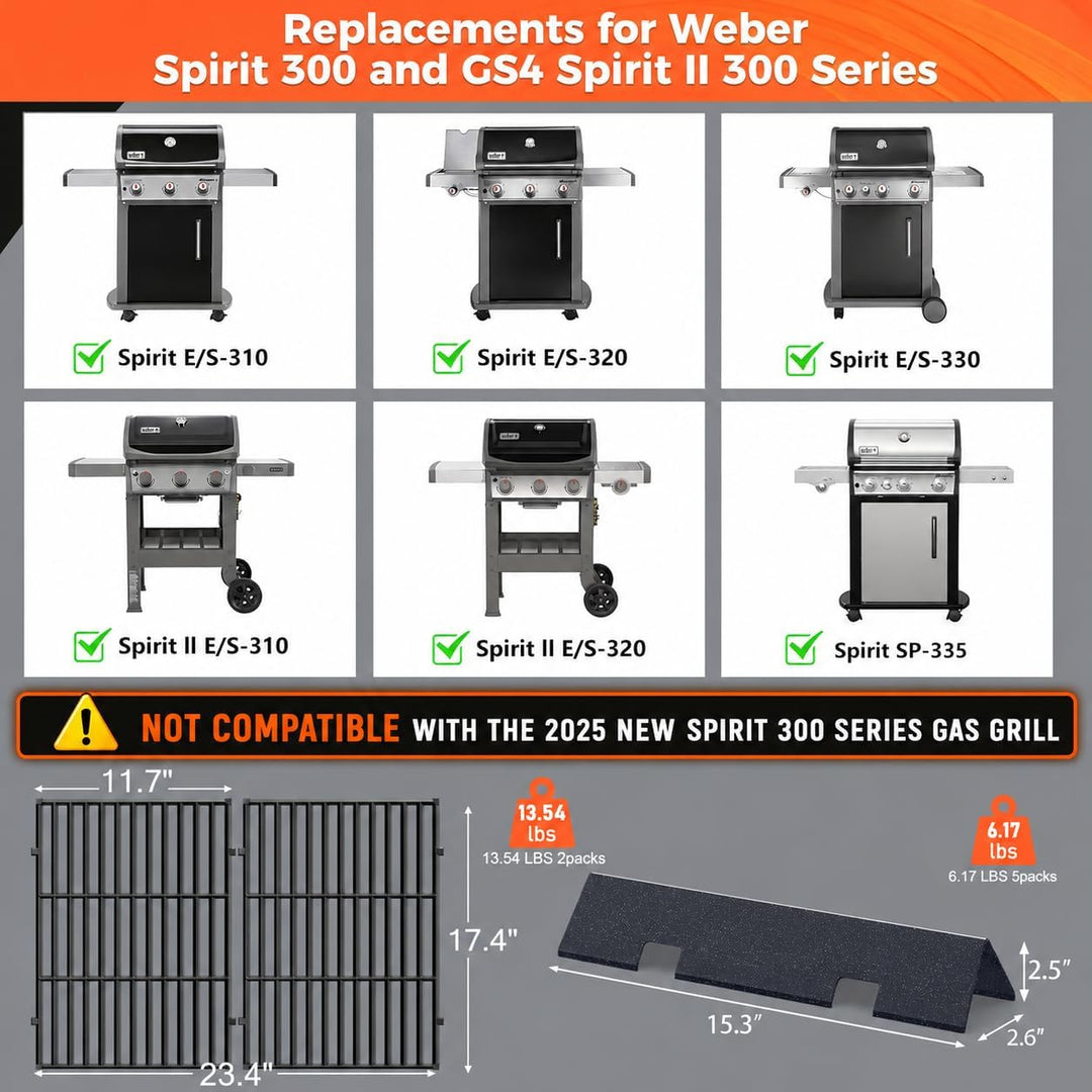 QuliMetal 44,5 cm Grillroste und 38,9 cm Aromaschienen für Weber Spirit 300 und GS4 Spirit II 300, p