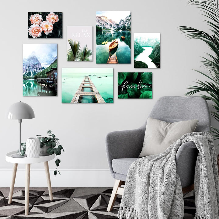 Novart Wandbilder See Berge - KOMPLETT AUFHÄNGFERTIG - Natur Wohnzimmer Schlafzimmer - 7 Moderne Moo