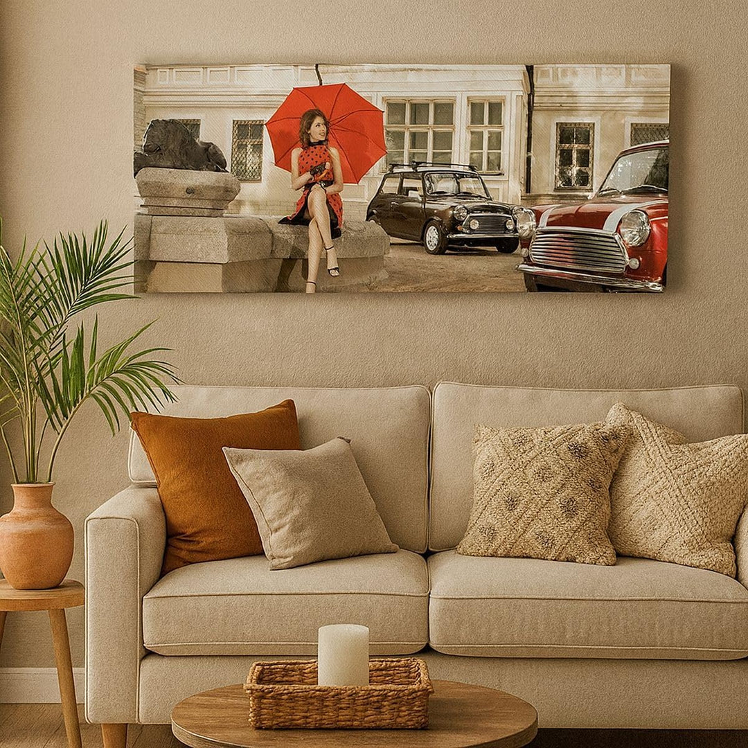Wandbilder Dekoration Wohnzimmer Attraktiv Frau Spaziergang Regenschirm Bilder auf Leinwand 120x50cm